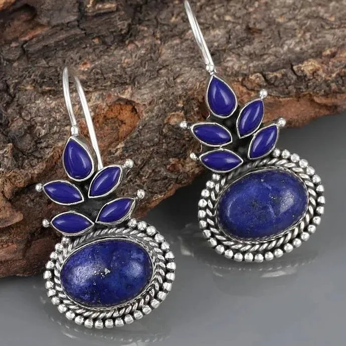 Vintage Ethnic Round Lapis Lazuli Drop Earrings Silver Metal Carving Blue Stone