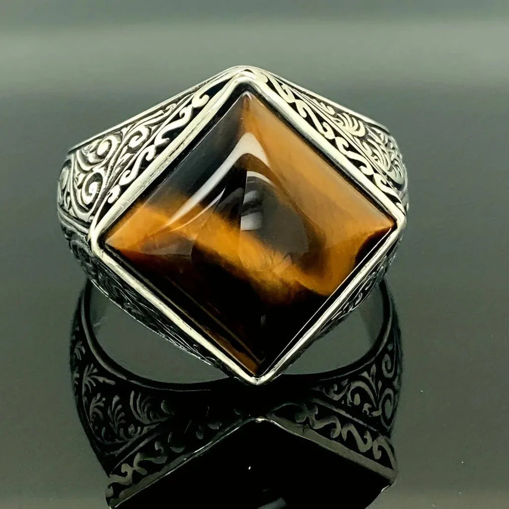 Vintage Men's Handmade Silver Signet Ring Mystic Zircon Opal Inlay Punk Biker Ring