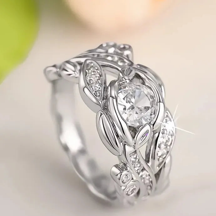 Chic Leaf Brass Ring with Dazzling Cubic Zirconia Charms Jewelry for Women