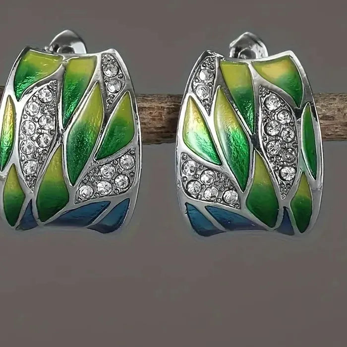Elegant Leaf Print Drop Earrings with Zircon Silver Bohemian Jewelry for Women