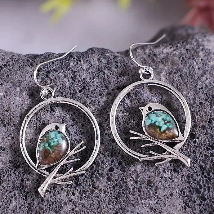 Vintage Branch Bird Drop Earrings Zinc Alloy Resin Women's Jewelry