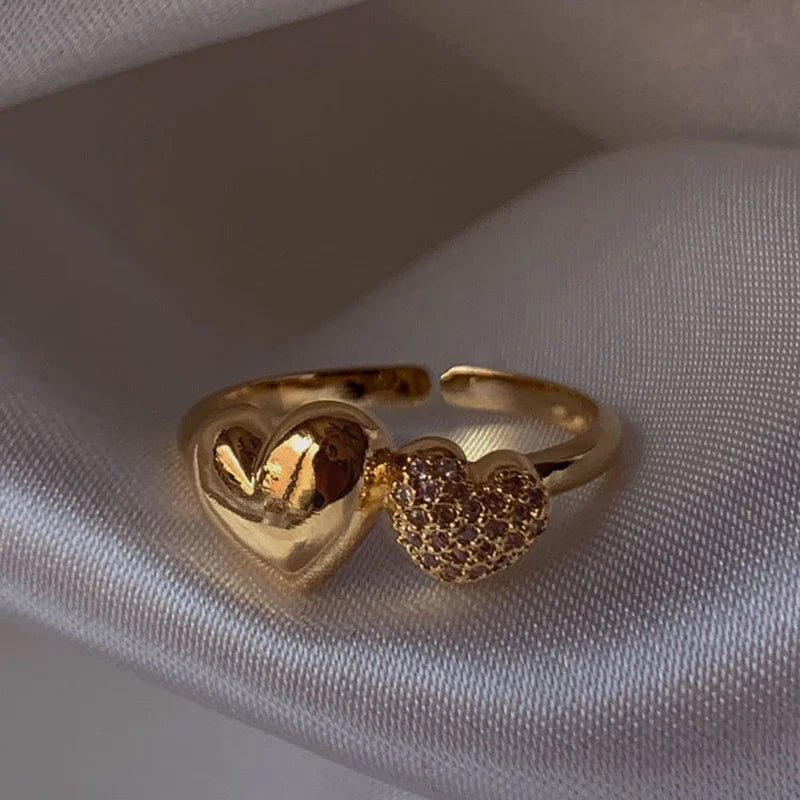 18K Gold Plated Double Heart Ring for Women Adjustable Micro Pave Zircon Jewelry
