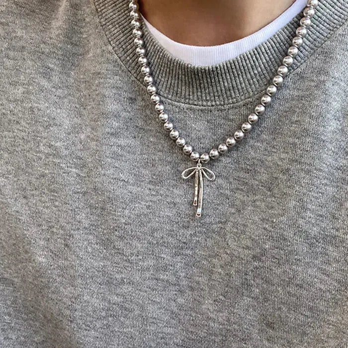 Y2K Elegant Bowknot Pendant Choker Necklace & Gray Pearl Earrings Set