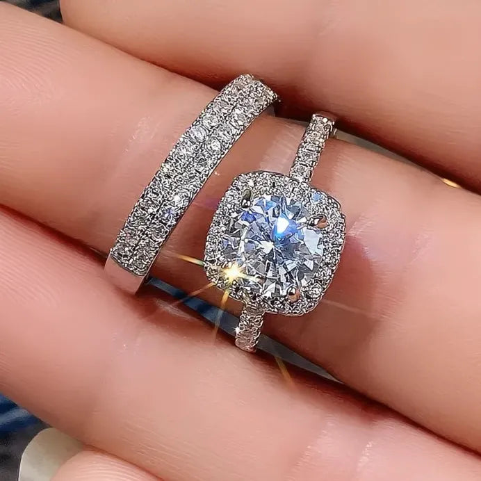 Classic Women’s 2-Piece Gold & Silver CZ Ring Set for Wedding Party