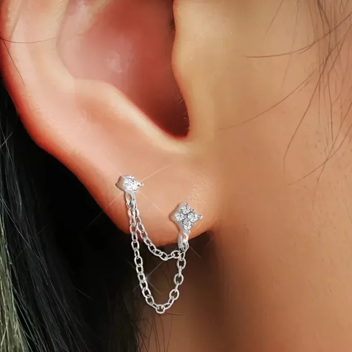Copper Alloy Cubic Zirconia Double Piercing Tassel Drop Earrings for Women Stylish Geometric Design