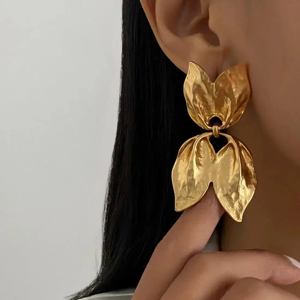 Vintage Ginkgo Leaf Stud Earrings for Women Double-Layer Charm Jewelry