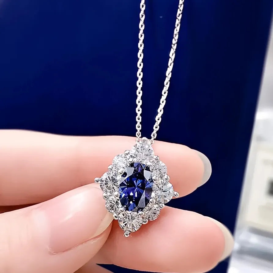 Blue Cubic Zirconia Geometric Pendant Necklace for Women Wedding Jewelry