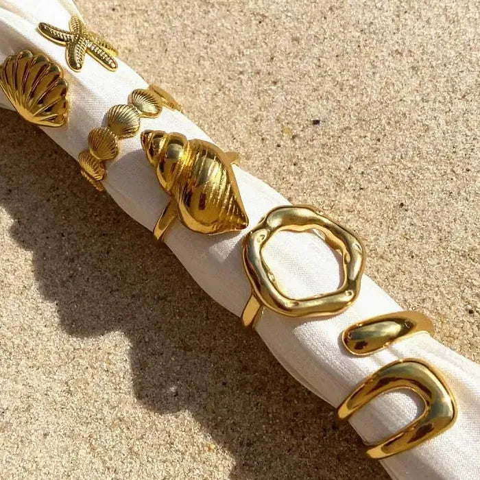 18K Gold Color Geometric Wide Stainless Steel Waterproof Ring for Women Jewelry