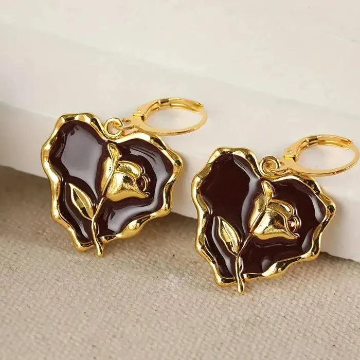 Golden Heart Flower Drop Earrings for Women Zinc Alloy Romantic Gift Jewelry