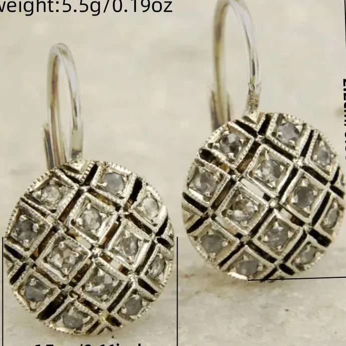 Retro Silver Geometric Circular Drop Earrings Grid Hollow CZ for Women