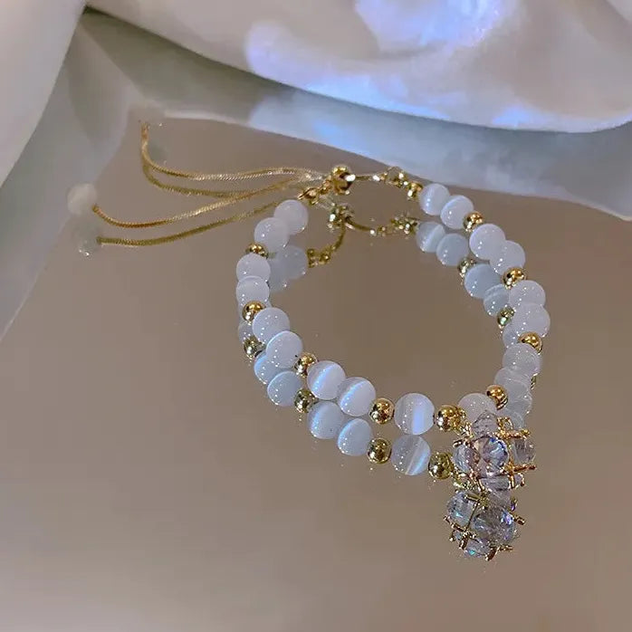 Korean White Opal Pearl Crystal Adjustable Cuff Bracelet Women Gift Jewelry