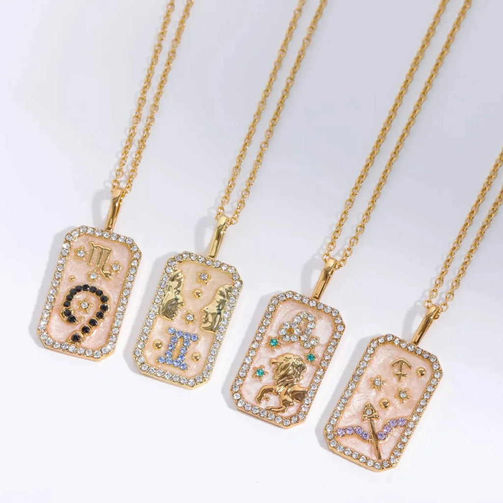 Stainless Steel 12 Constellation Necklace White Shell Zircon Punk Jewelry Pendant