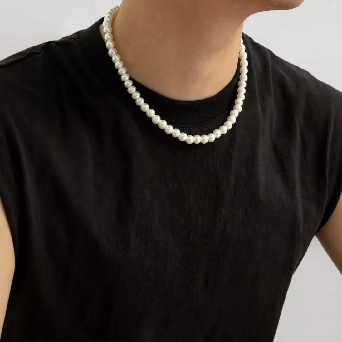 Men's Trendy White Imitation Pearl Beaded Short Choker Necklace 2026
