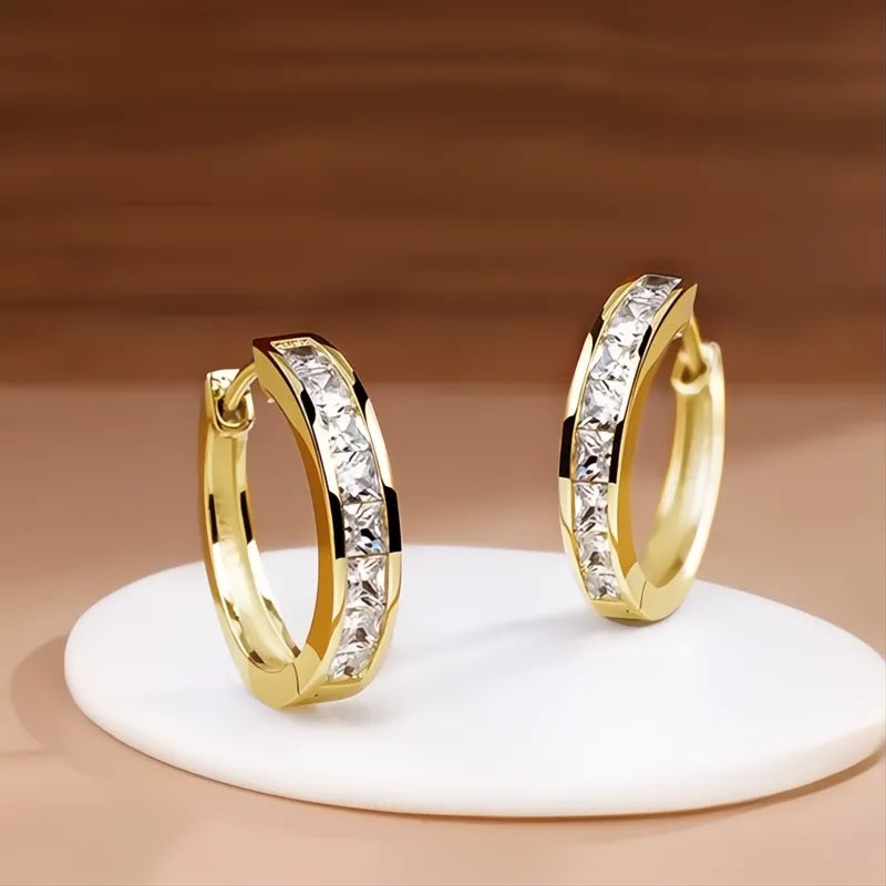 Classic Design Women Hoop Earrings with Princess Square Cubic Zirconia, Elegant Fashion Jewelry