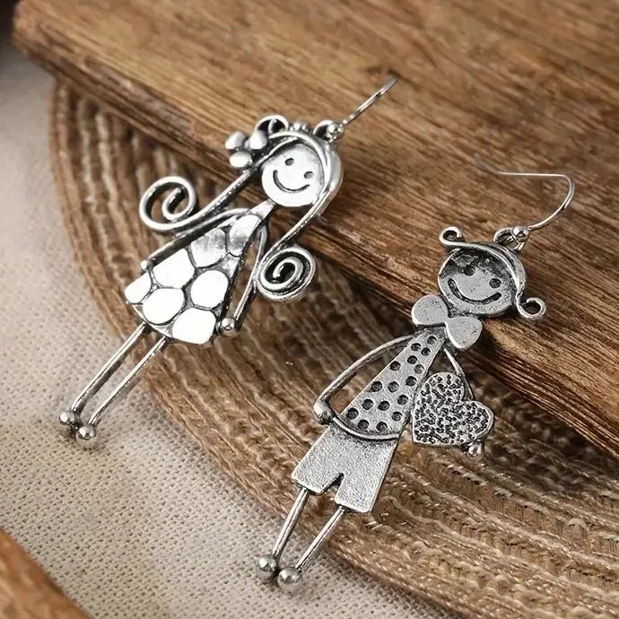 Creative Retro Minimalist Couple Character Zinc Alloy Metal Pendant Earrings for Women