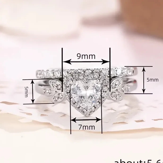 2Pcs Heart Rings Set Cubic Zirconia Brass Promise Wedding Jewelry for Women