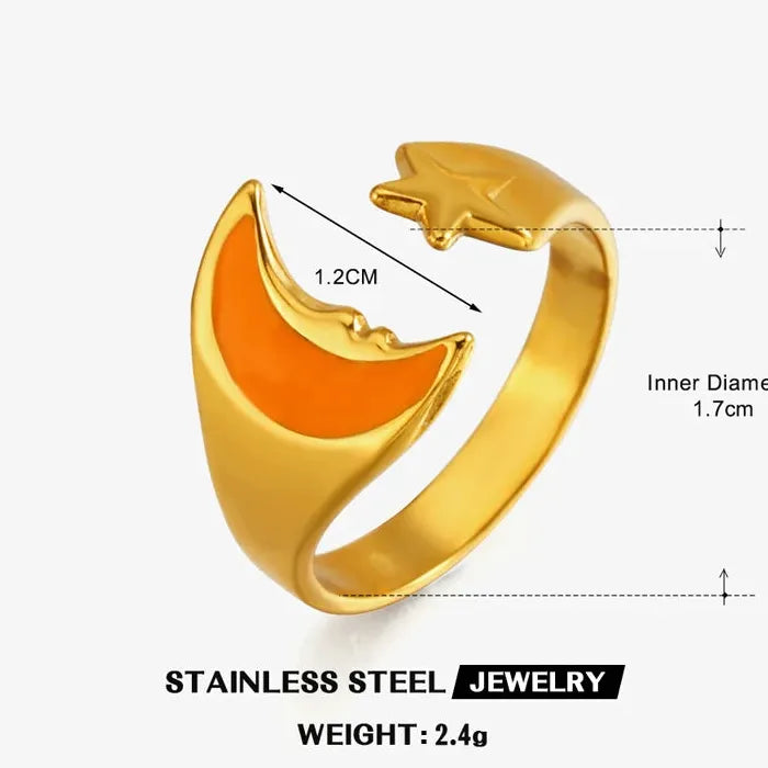 Adjustable Stainless Steel Star Moon Geometric Ring for Women Gift