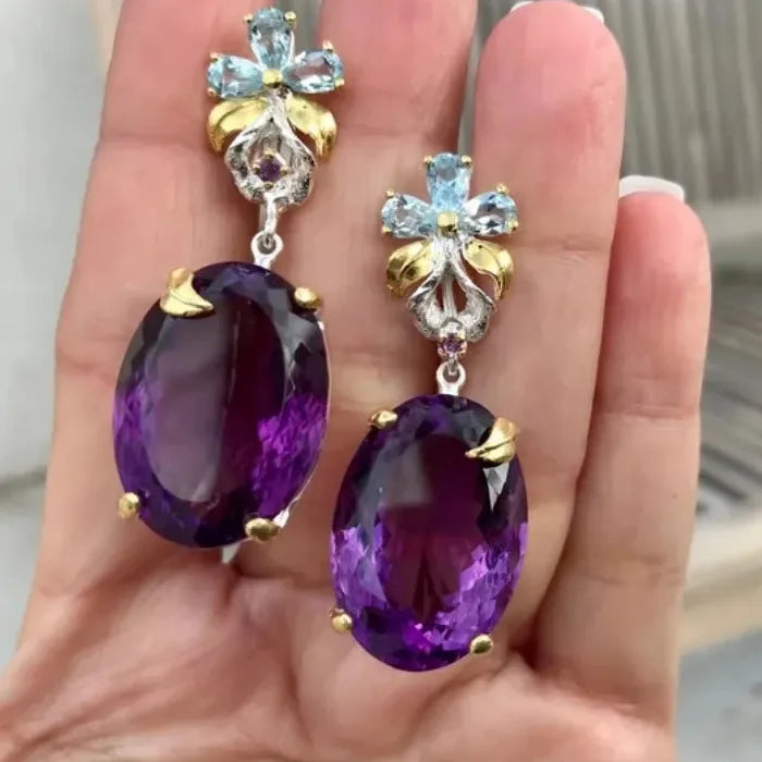 Purple Zircon Water Drop Flower Dangle Earrings Rhinestone Zinc Alloy Jewelry