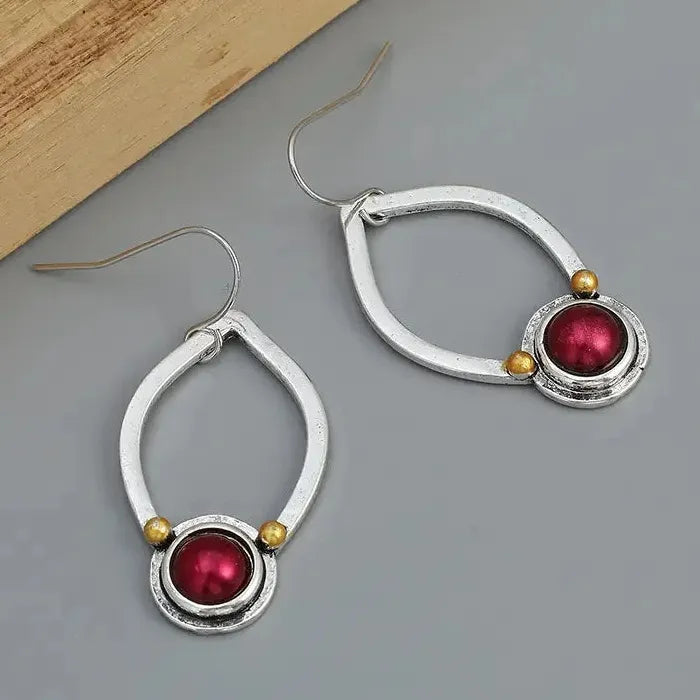 Vintage Red Stone Oval Drop Earrings for Ladies Zinc Alloy Antique Jewelry