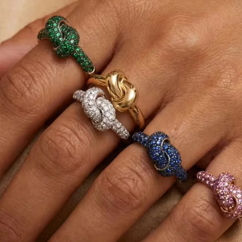 Stainless Steel Chunky Knot Ring for Women Multicolor Cubic Zirconia Wedding Jewelry