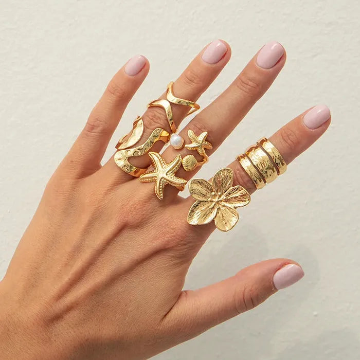 Adjustable Korean Style Geometric Silver Alloy Ring Set for Women Jewelry