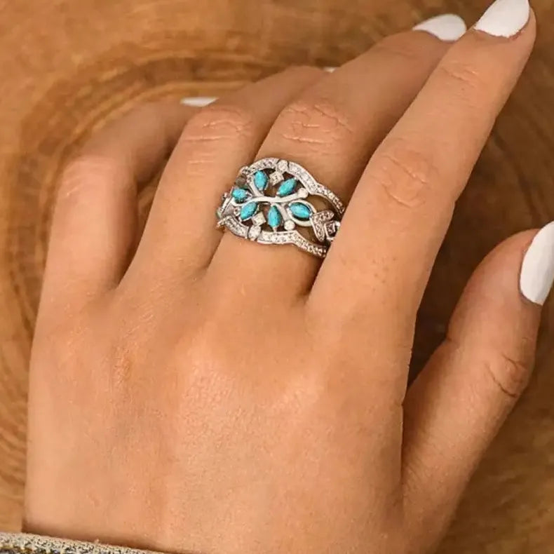 Silver Vintage Copper Ring Floral Pattern Inlaid Imitation Turquoise Women Gift