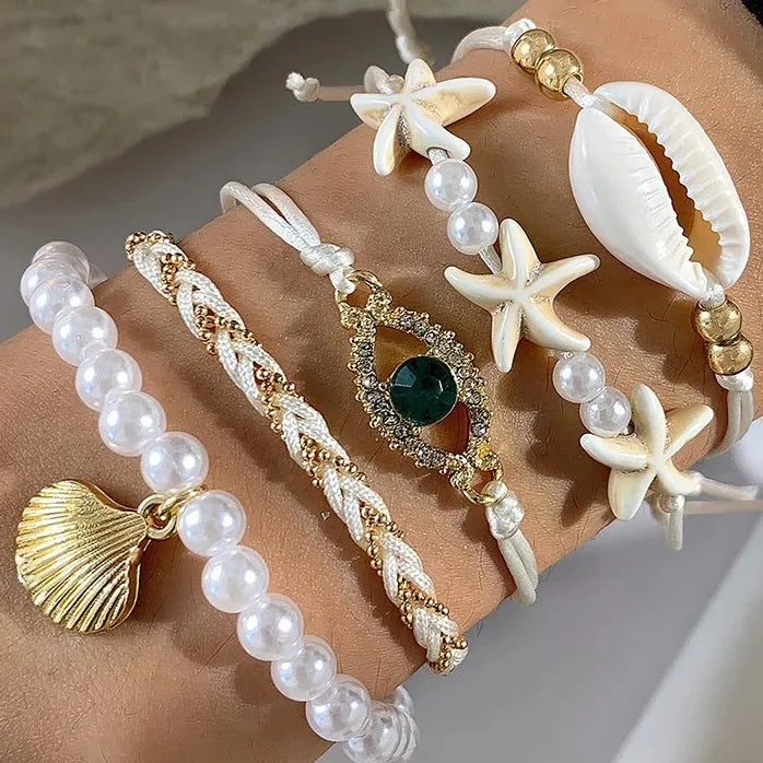 5Pcs Bohemian Starfish Shell Beaded Bracelets for Women Girls Jewelry Set