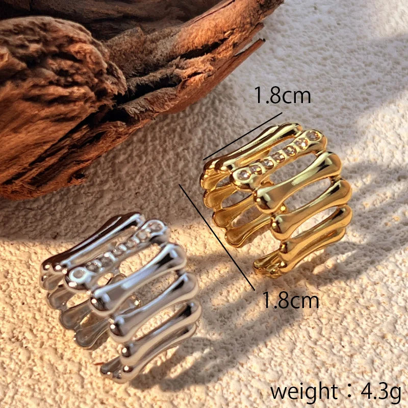 Stainless Steel Geometric Hollow Wide Ring Inlaid Zircon Knuckle Ring Daily Jewelry