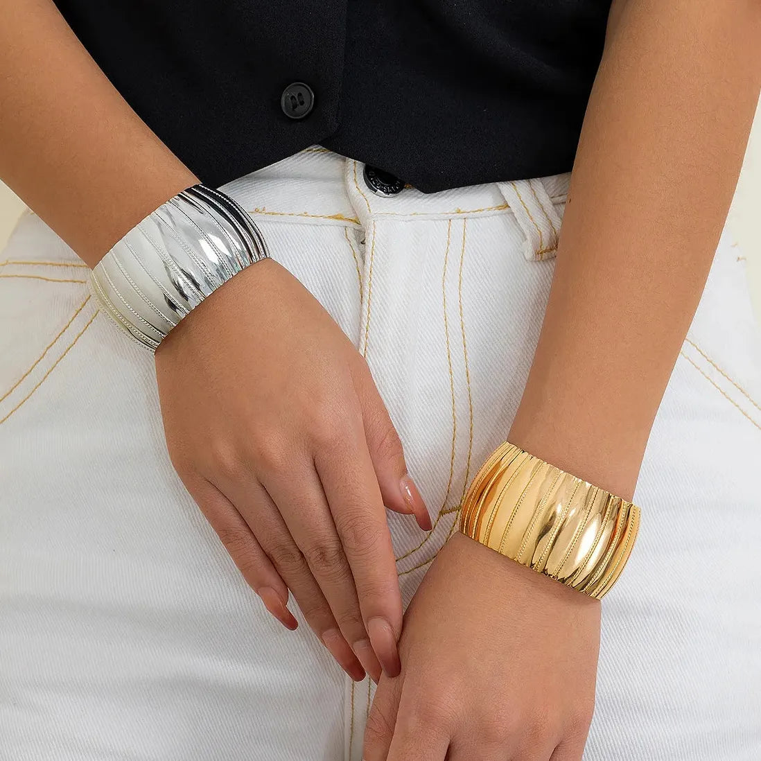 14k Gold Plated Punk Geometric Wide Adjustable Cuff Bracelet Bangle Men Women