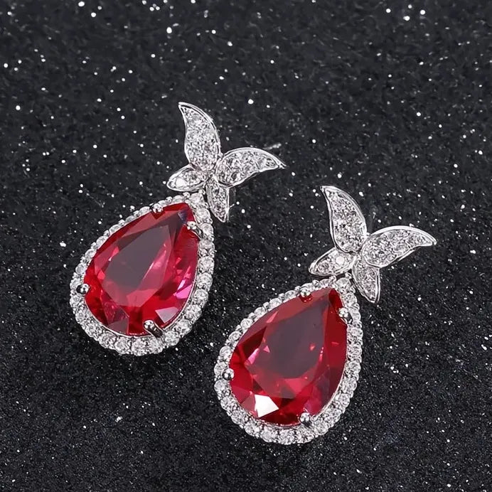 Pear Shaped Red Cubic Zirconia Geometric Butterfly Drop Earrings Women