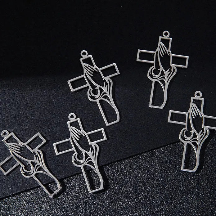 Stainless Steel Cross Pendant Necklace Men Hiphop Punk Pray Hands Gift