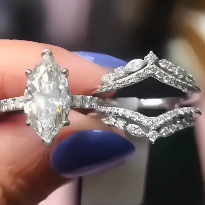 2Pcs Women’s Silver Brass Rings Set with CZ Inlay for Wedding & Party Gift