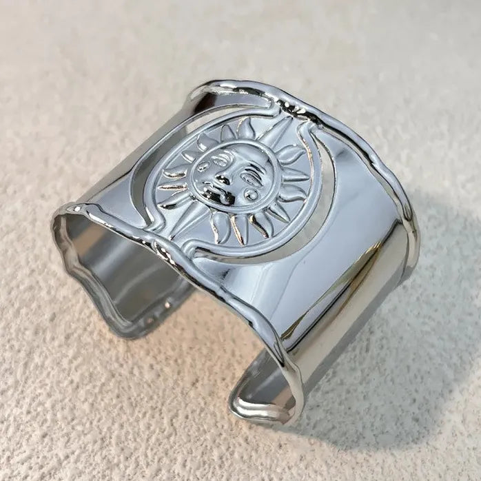 Gold Plated Stainless Steel Sun Pattern Wide Cuff Bracelet for Women