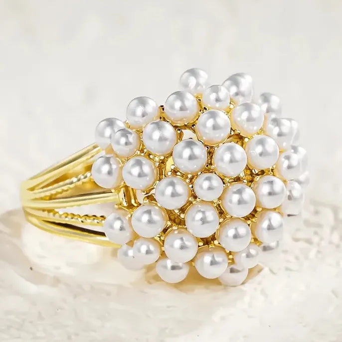 Simulated Pearl Brass Gold Wedding Band Engagement Ring Elegant Jewelry Gift