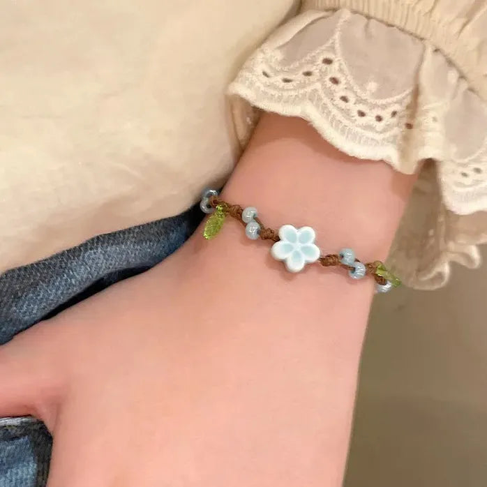 Ceramic Yellow Flower Beaded Rope Bracelet for Women Girls Spring Summer Jewelry