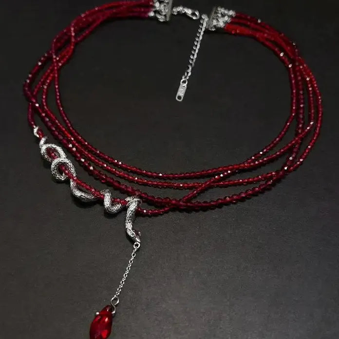 Acrylic Gothic Snake Pendant Necklace for Men Women Punk Red Crystal Beads