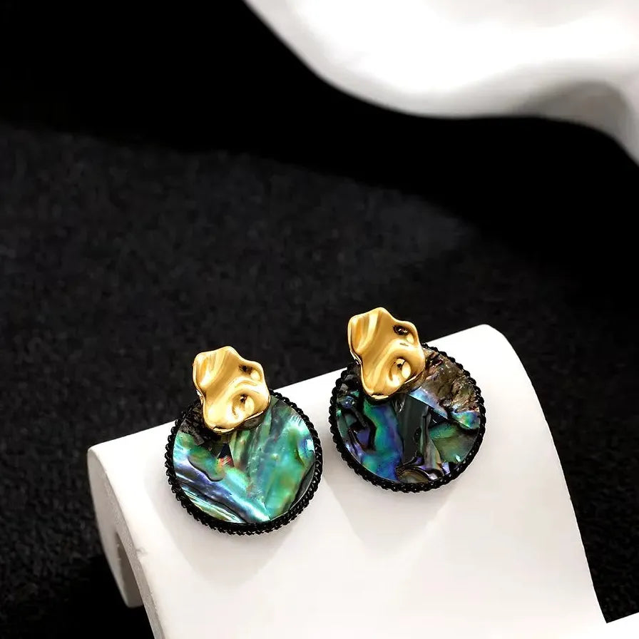Natural Abalone Shell Pearl Stud Earrings Geometric Huggie Hoops CZ Necklace Choker