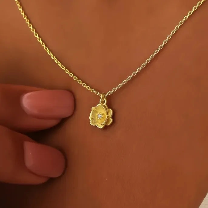 Gold Geometric Flower Pendant Necklace with Cubic Zirconia Jewelry Gift
