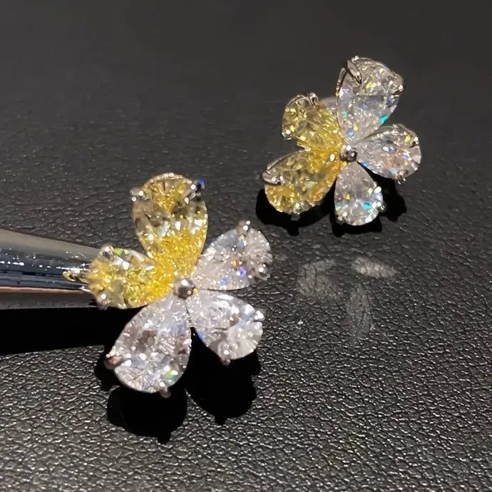 Flower Stud Earrings with Yellow & White Cubic Zirconia Brass Gift for Women