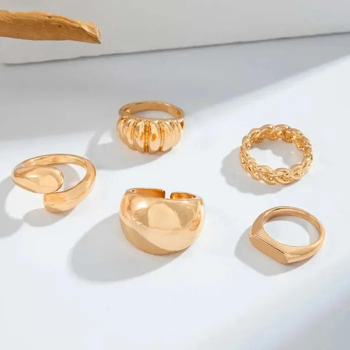 5Pcs Adjustable Vintage Gold Chain Pattern Fashion Rings for Women