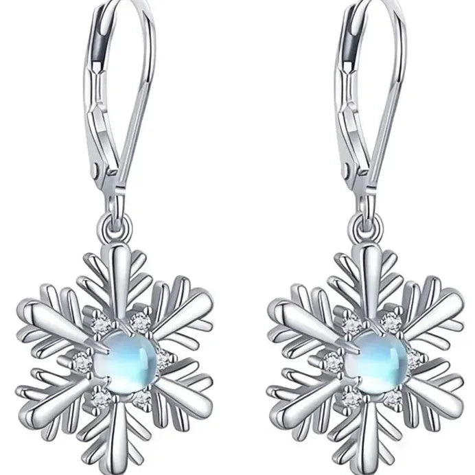 Silver Snowflake Drop Earrings with Imitation Moonstone Holiday Gift