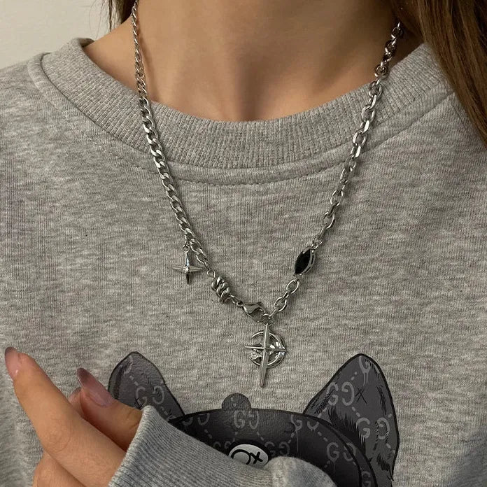 Y2K Cuban Figaro Chain Star Moon Pendant Necklace Zinc Alloy Jewelry