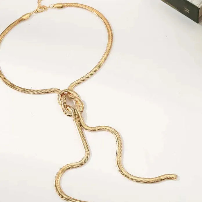 Vintage Gold Snake Chain Knot Tassel Necklace Women Punk Thick Metal Jewelry Gift
