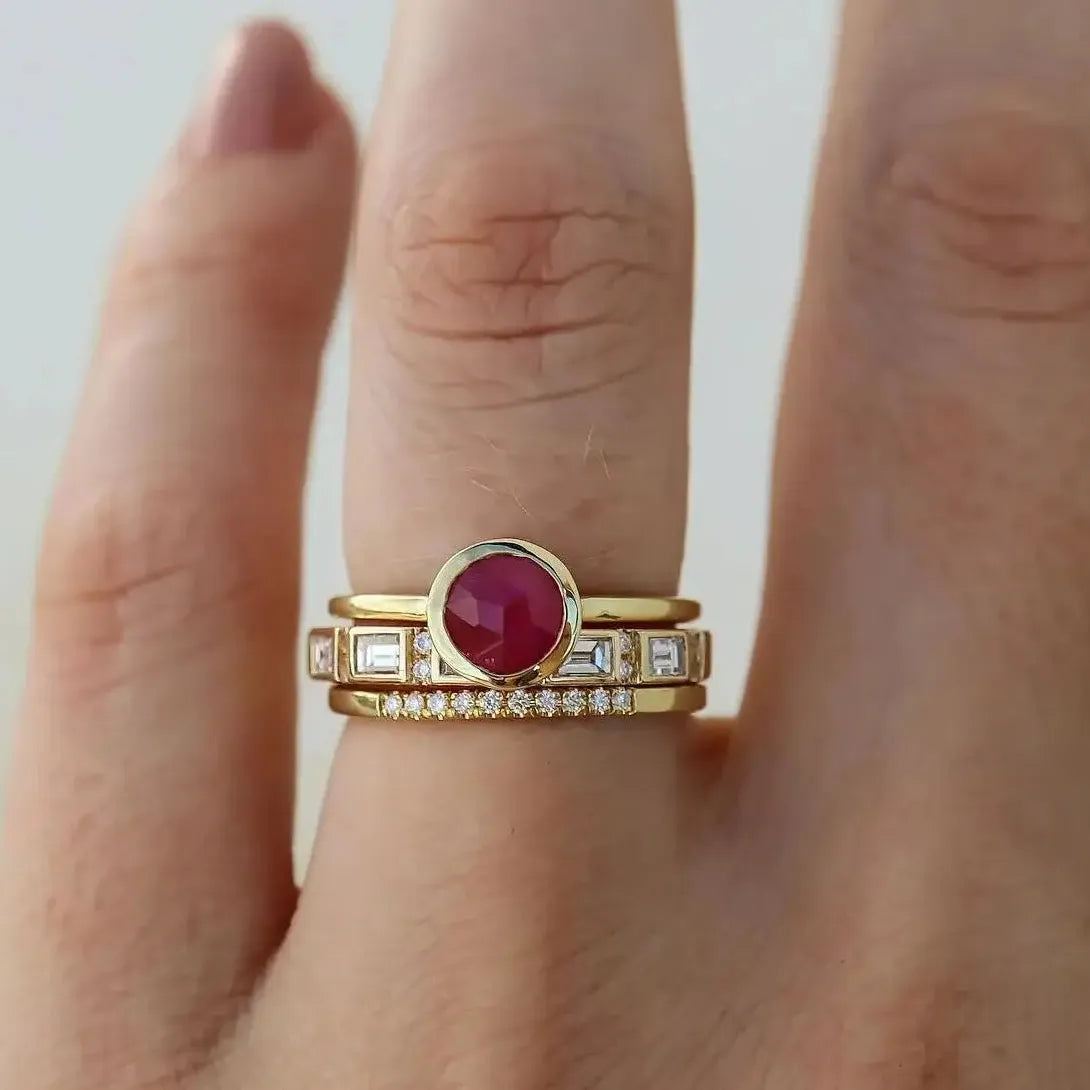 Geometric Gold Color Round Zircon Rings Set for Women Engagement Wedding Jewelry