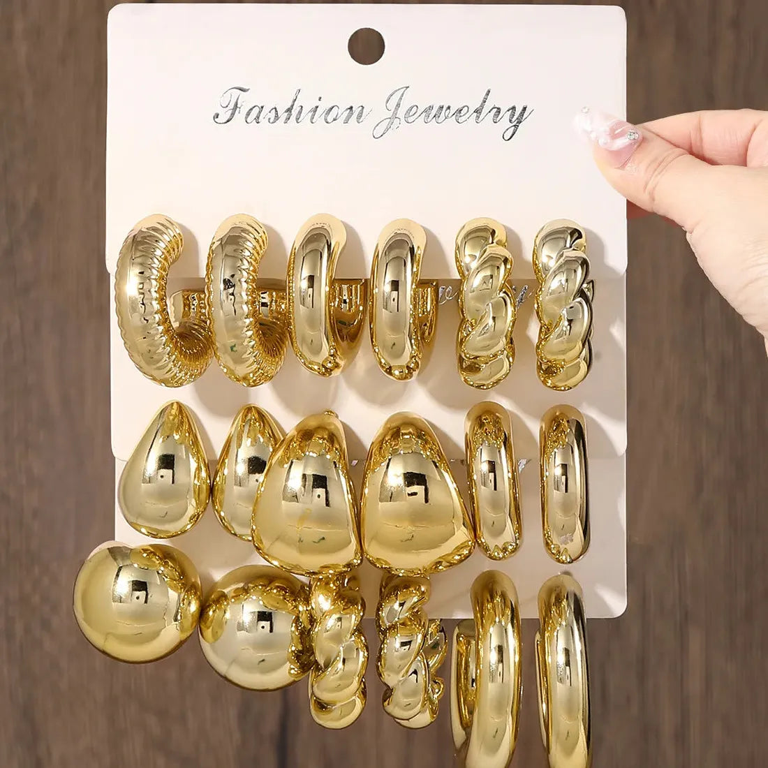 6Pcs Chunky Gold Waterdrop Hoop Earrings Zinc Alloy Vintage Bohemia