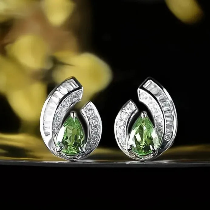 Pear Green Geometric Cubic Zirconia Stud Earrings for Women Bridal Jewelry