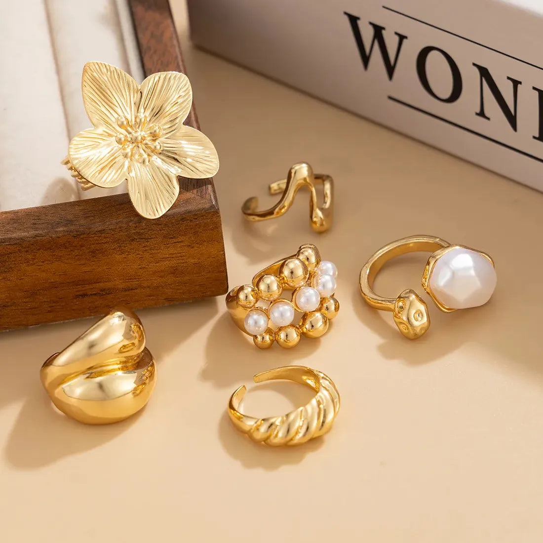 6Pcs Vintage Flower Plant Rings Set Imitation Pearl Jewelry Gifts