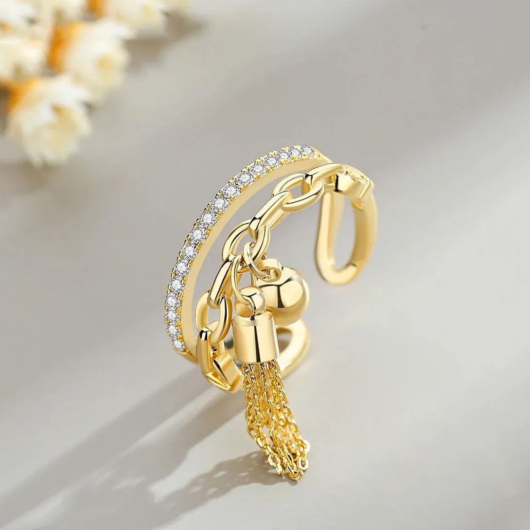 Gold-Color Adjustable Tassel Ring with Rhinestones Zinc Alloy Jewelry Gift