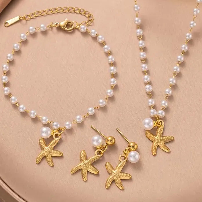 Stainless Steel Starfish Pearl Pendant Necklace Set for Women Gold Chain Gift