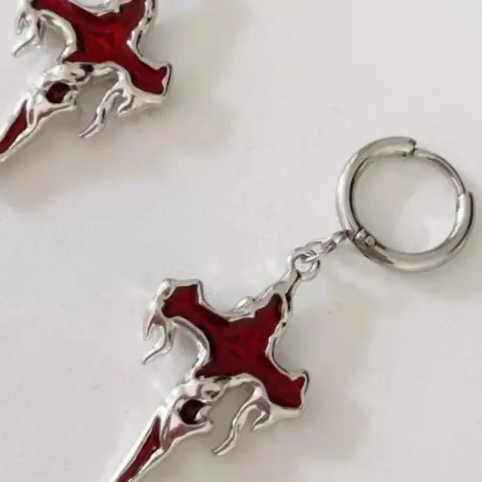 Neo-Gothic Red Flame Cross Earrings Women Hip Hop Y2K Statement Jewelry